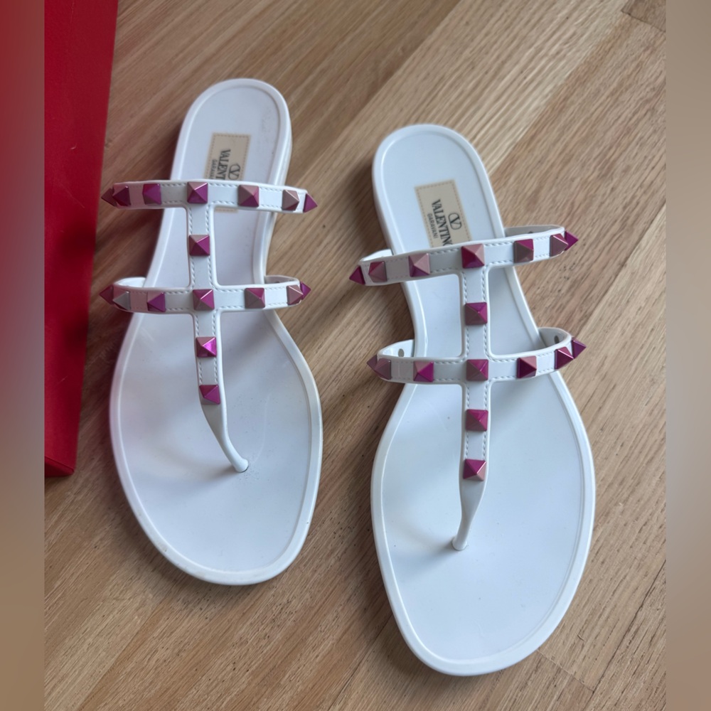 Valentino White and Pink Rockstud Sandals